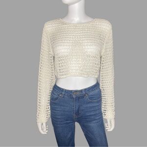 Zara Boho Cropped Cream Crotchet Long‎ Sleeve Top